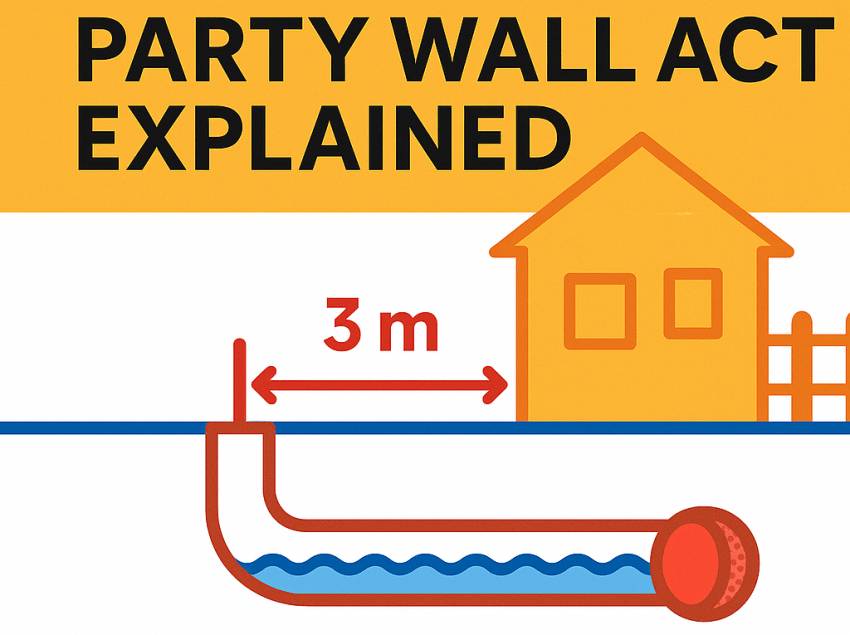 Informational graphic showing a brick house in Farnham with a visible drainpipe, overlaid text explaining the Party Wall Act and building regulations near drains for homeowners.