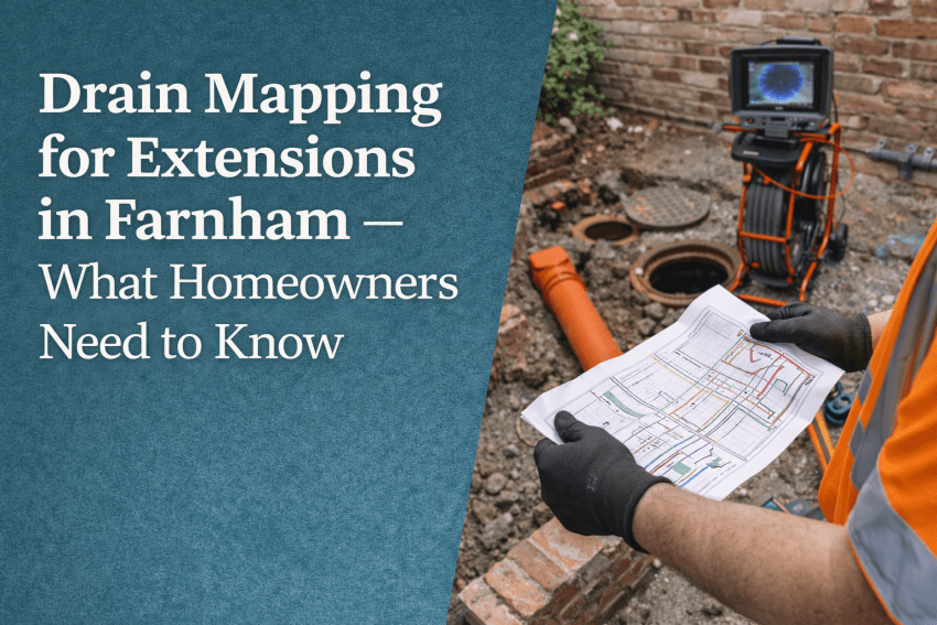 A drainage engineer in Farnham holds a site plan above exposed pipes during a CCTV drain survey. Text overlay reads “Drain Mapping for Extensions in Farnham — What Homeowners Need to Know.”