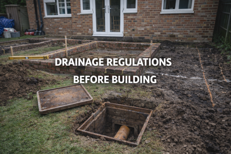 UK home extension foundations with visible inspection chamber and drainage access, illustrating drainage regulations before building in Farnham