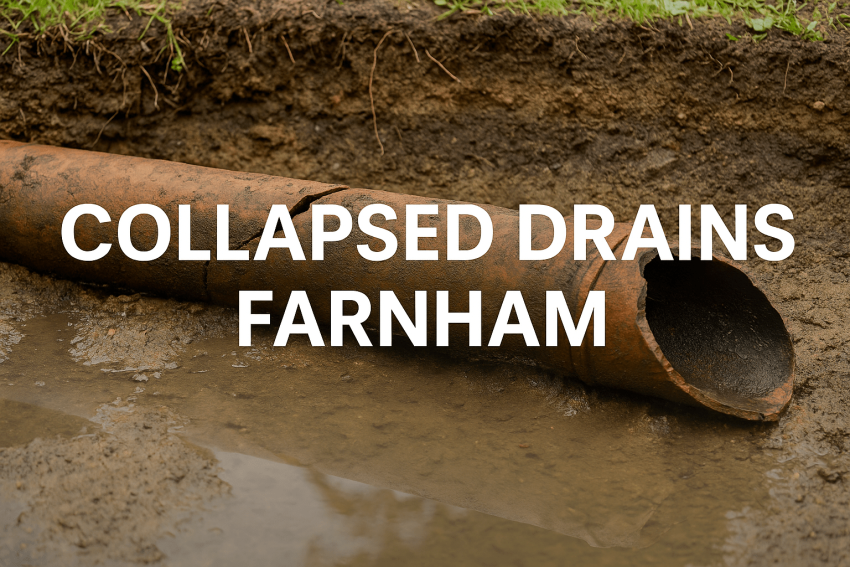 Collapsed drain pipe in a Farnham garden showing soil erosion and sinking ground, a common sign of drain failure.