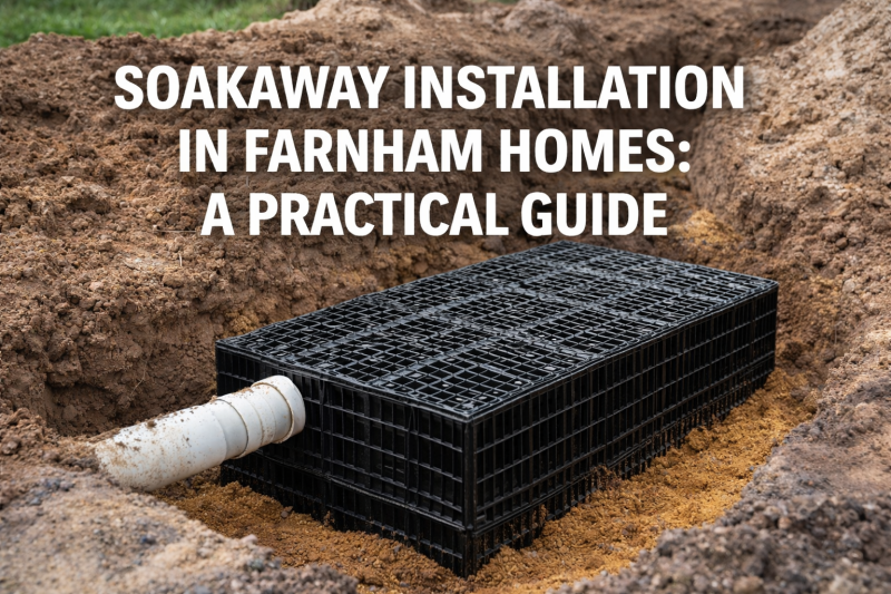 Single modular soakaway unit installed in Farnham showing correct surface water drainage setup