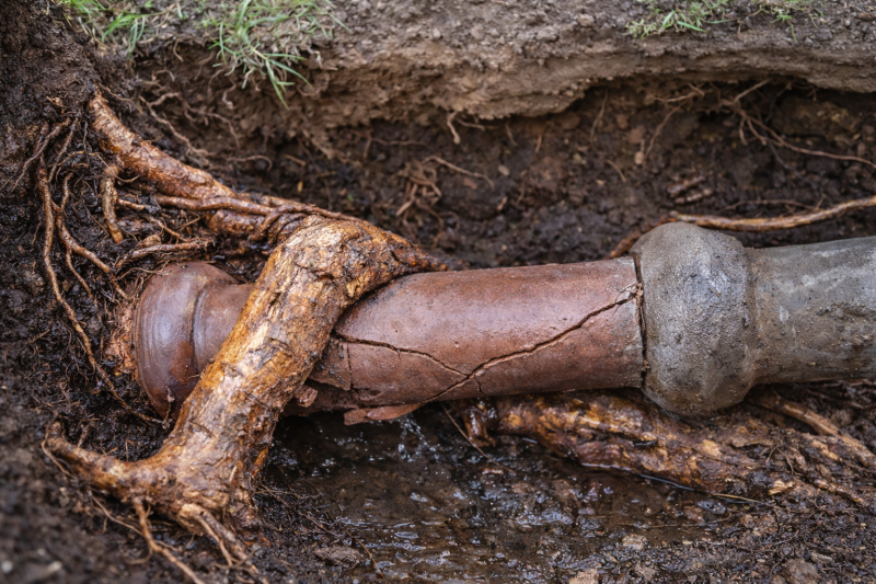 Tree roots breaking into a cracked clay drain pipe causing drainage damage