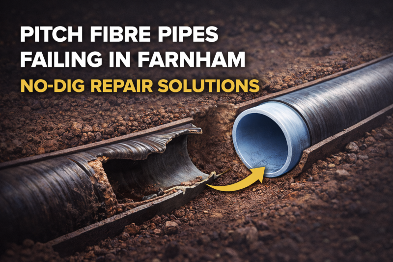Graphic illustration showing a collapsed pitch fibre drain pipe and modern CIPP lining repair solution in Farnham drainage system