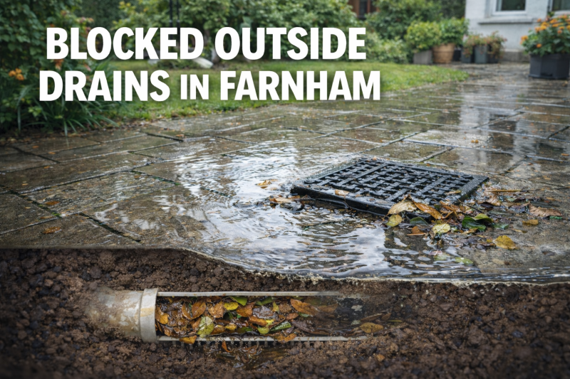 blocked outside drain in farnham garden with water pooling around drain cover