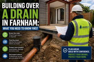 drainage engineer inspecting plans for a home extension in Farnham with underground drain pipework visible beneath the proposed building area