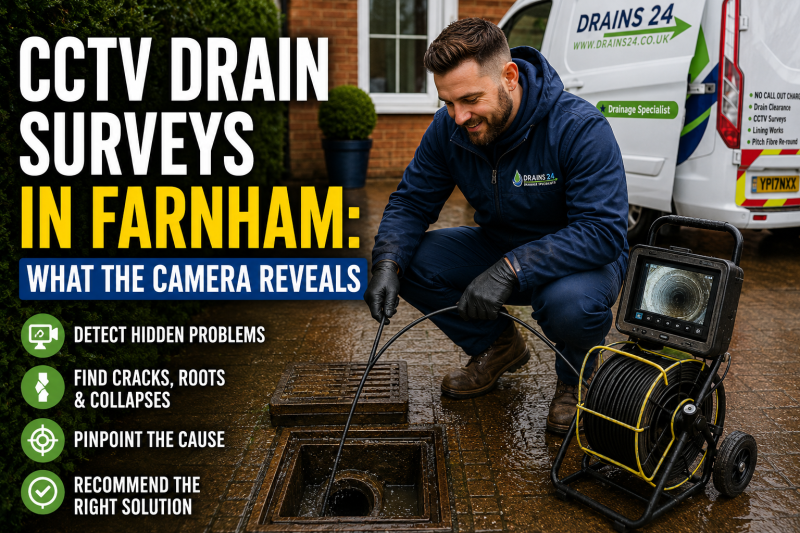 drainage engineer carrying out a CCTV drain survey in Farnham using professional camera inspection equipment beside an open drain chamber