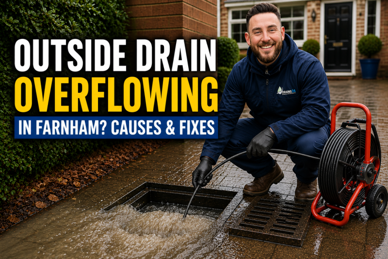 drainage engineer clearing an overflowing outside drain in Farnham outside a residential property during wet weather