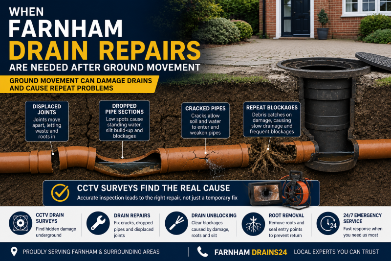 Infographic showing Farnham drain repairs after ground movement, including displaced joints, dropped pipe sections, standing water and CCTV inspection.